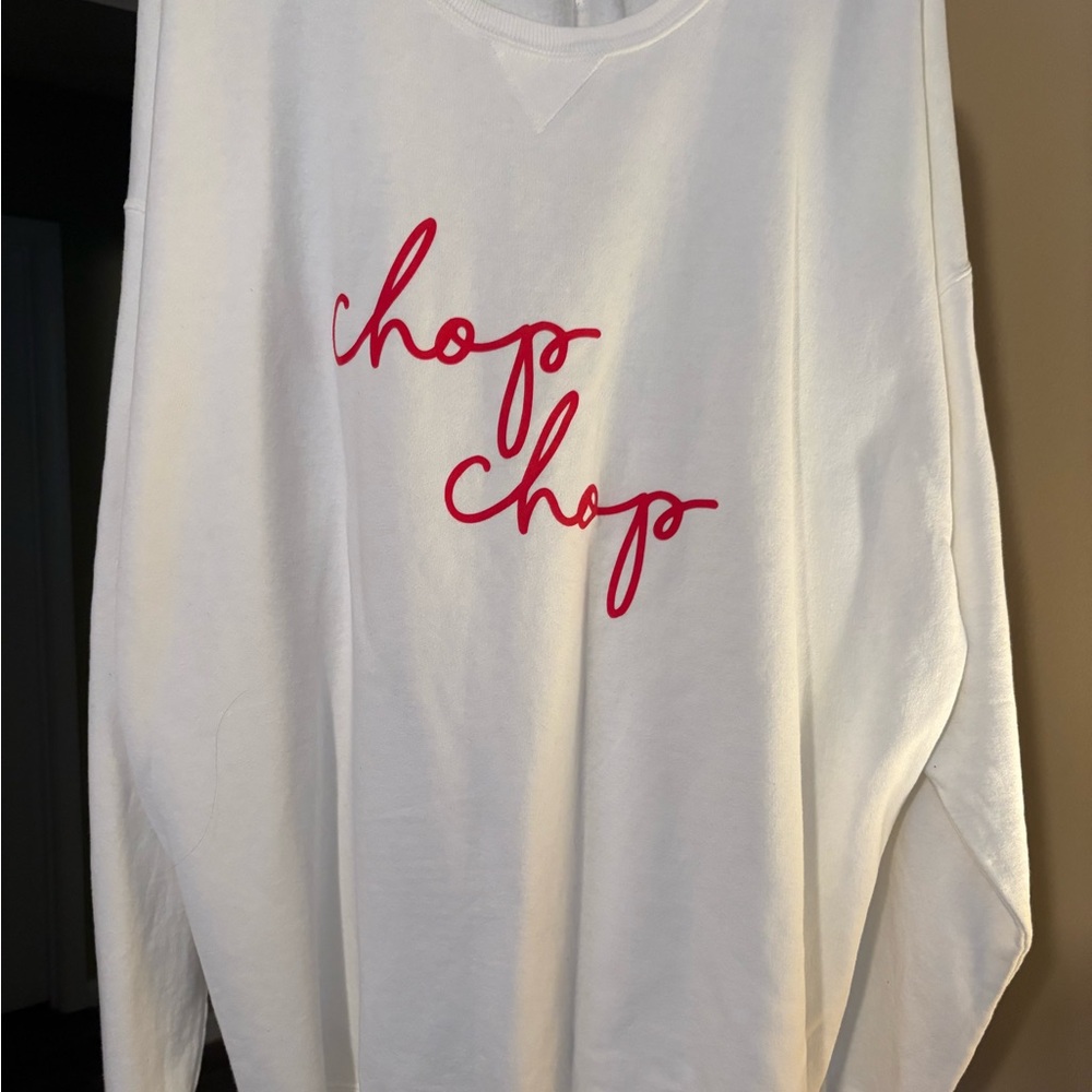 White Sweatshirt with Red 'Chop Chop' Print